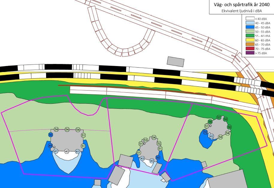 Bilden visar en bullerkarta, dygnsekvivalent ljudnivå för väg- och spårtrafik prognosår 2040, högsta frifältsvärde vid fasad samt ljudutbredning 1,2 m över mark.