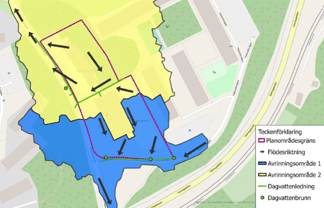 Planområdet består av två avrinningsområden, ett som avleds söderut och ett norrut.