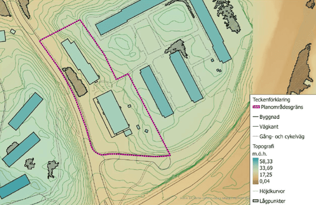 Översiktlig topografi, höjdkurvor och lågpunkter inom samt i anslutning till planområdet
