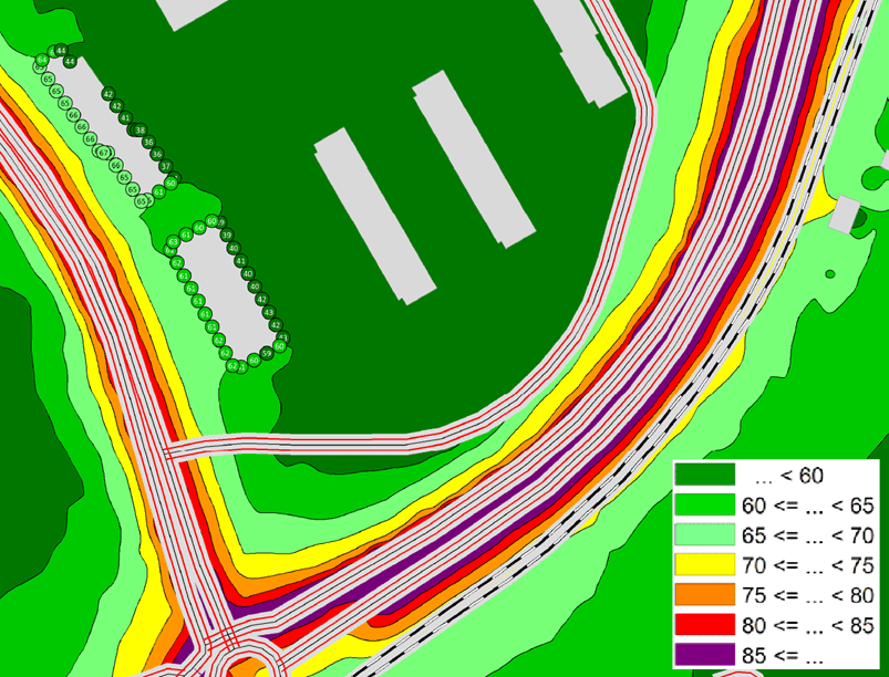 Beräknat buller från vägtrafik inom och i nära anslutning till planområdet. Beräknade maximala ljudnivåer 2 m över terräng med vägtrafiksiffor prognosår 2045.