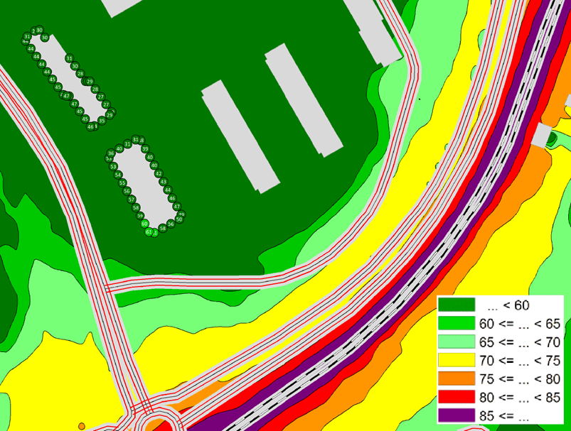 Beräknat buller från spårtrafik inom och i nära anslutning till planområdet. Beräknade maximala ljudnivåer 2 m över terräng med spårtrafiksiffor prognosår 2050.