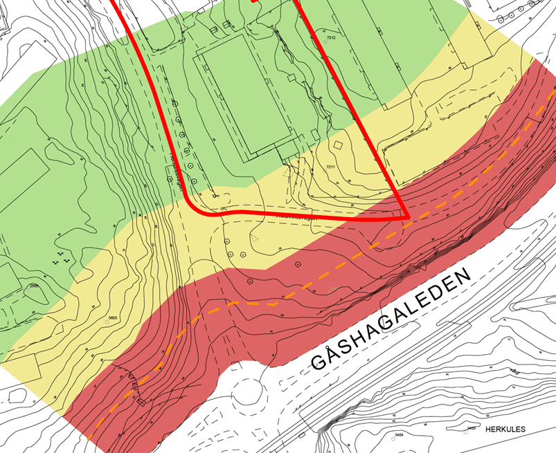 Bild som visar Länsstyrelsens rekommendationer om riskhanteringsavstånd vid transportled för farligt gods. Zon A (röd zon) 0–40 meter, zon B (gul zon) 40–75 meter och zon C (grön zon) 75–150 meter. Orange streckad linje är gränsen för bebyggelsefritt område (25 meter). Planområdet är markerat med röd markering.