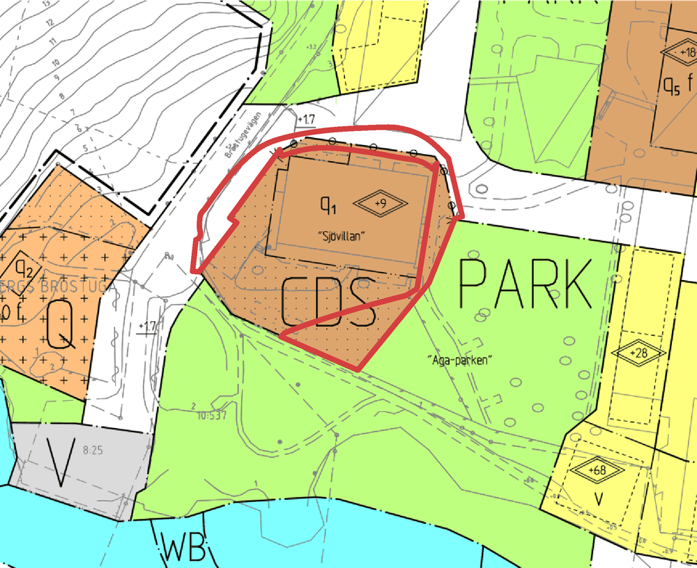 Utsnitt ur gällande detaljplan för del av Aga 1 där restaurangbyggnaden, här under namnet ”Sjövillan”, ligger. Planområdet är markerat i rött.