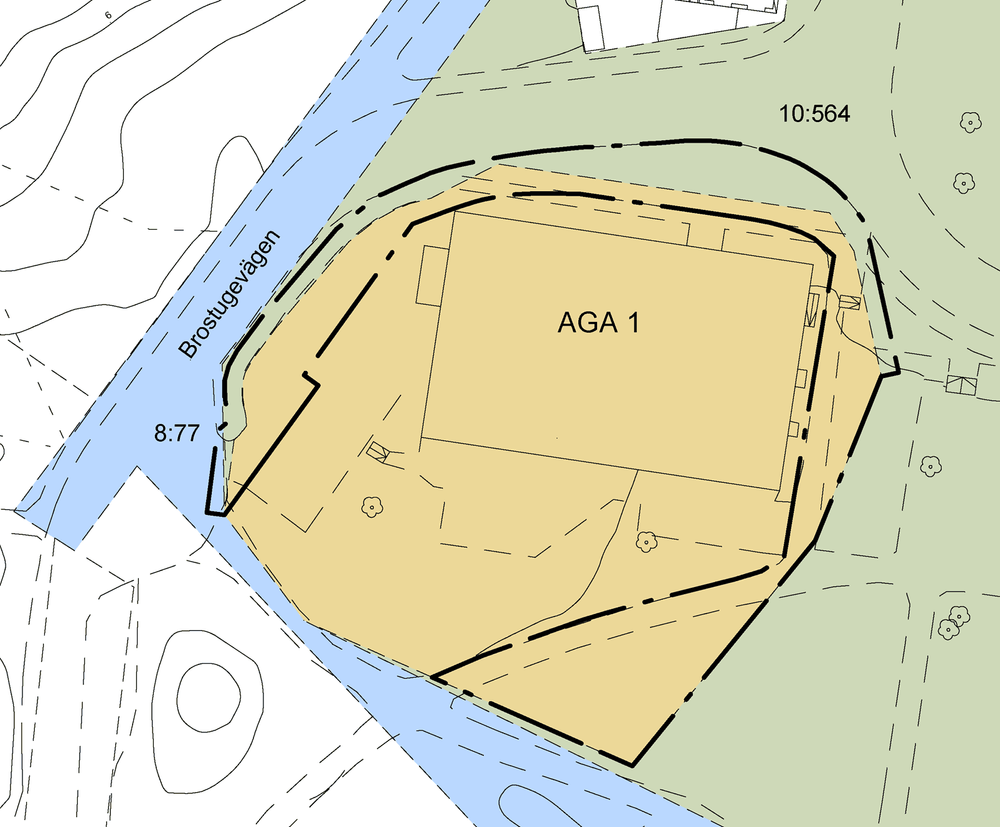 Berörda fastigheter. Aga 1 i gult, Lidingö 10:564 i grönt och Lidingö 8:77 i blått. Planområdet är markerat med svart linje.