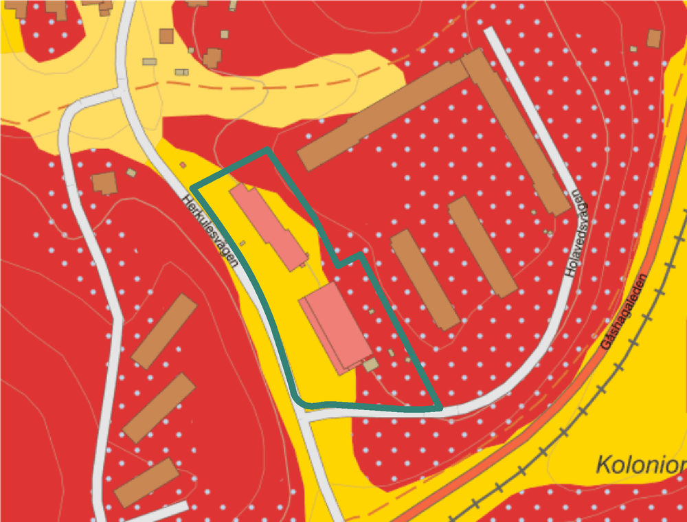 Jordartskarta från Sveriges geologiska undersökning (SGU). Gul färg symboliserar glacial lera, röd färg symboliserar urberg och prickad mark symboliserar inslag av morän.
