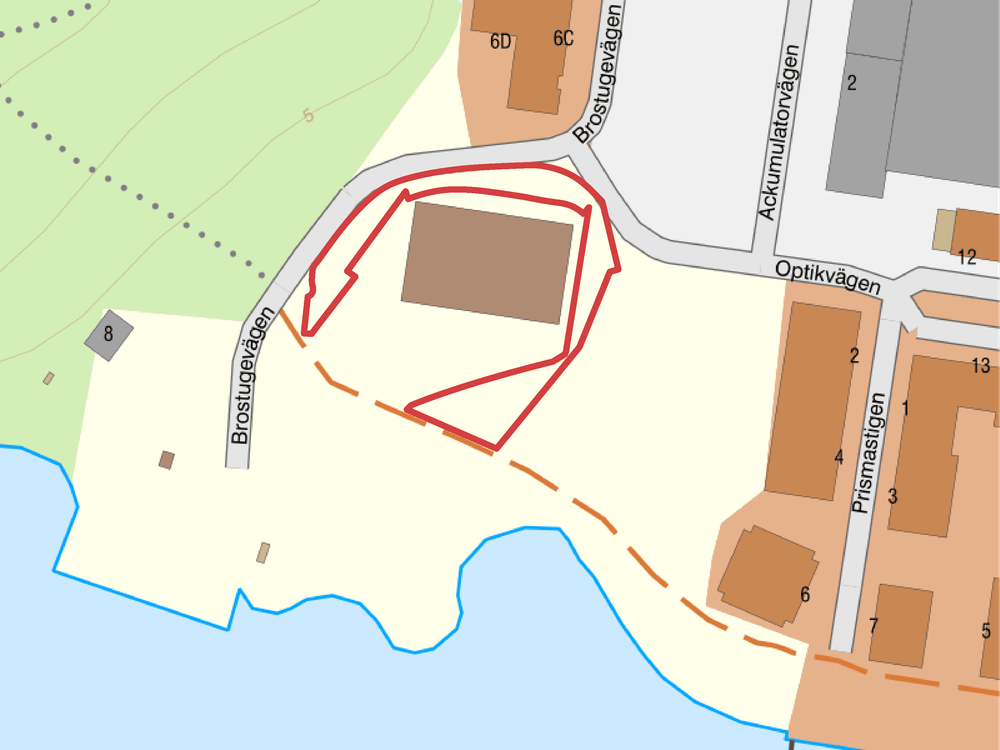 Planområdet markerad med röda linjer.