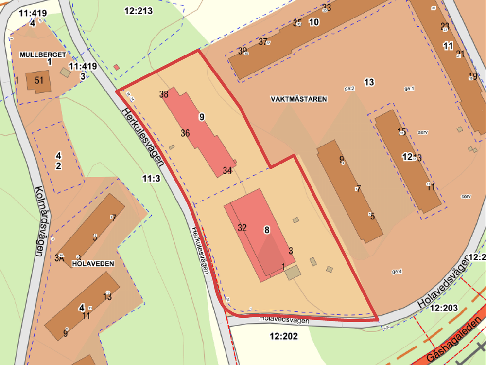 Planområdet markerad med röda linjer.