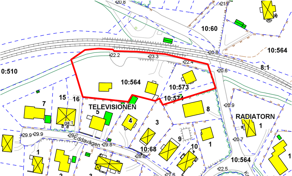 Bilden visar en fastighetskarta. Planområdets ungefärliga avgränsning är markerad med röd linje.