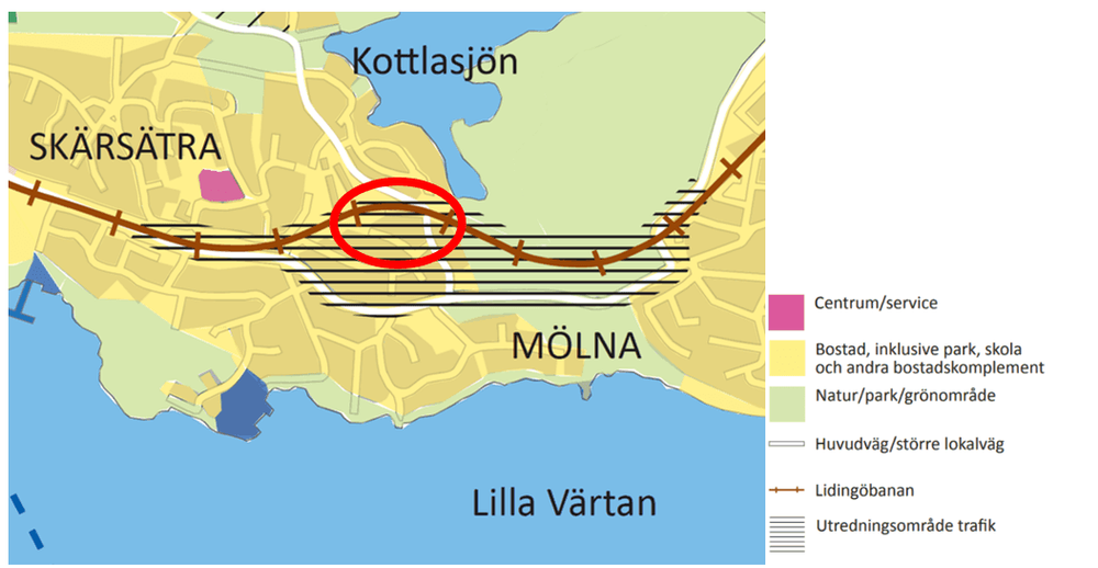 Bilden visar ett utsnitt från Lidingös översiktsplan. Planområdet markerat med röd oval.