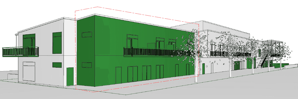 Bilden visar planerad tillbyggnad med nya hotellrum på byggnadens södra sida. Bild: Millimeter arkitekter.