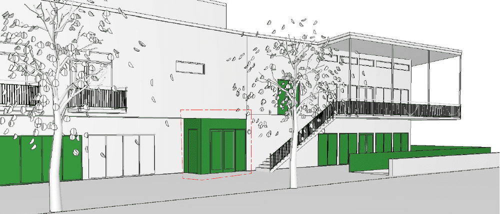 Bilden visar planerad tillbyggnad av en entré på byggnadens södra sida. Bild: Millimeter arkitekter.