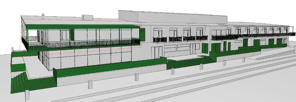 Bilden visar planerad tillbyggnad av balkonger på byggnadens norra och östra sida. Bild: Millimeter arkitekter.