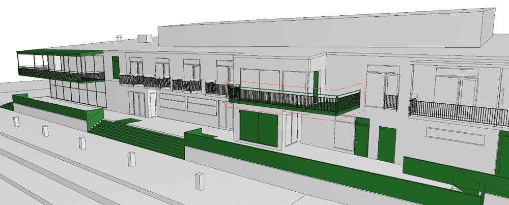 Bilden visar planerad tillbyggnad av balkonger och entré på byggnadens norra sida. Bild: Millimeter arkitekter.