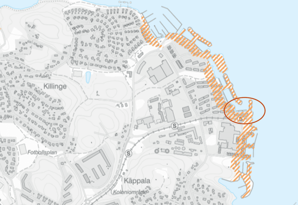 Kartan visar aktsamhetsområde för skred i finkornig jordart. Planområdets lokalisering markerad med röd oval. Bild: SGI.