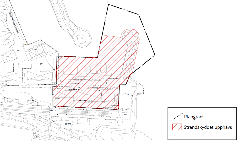Bilden visar var strandskyddet upphävs i detaljplanen. 