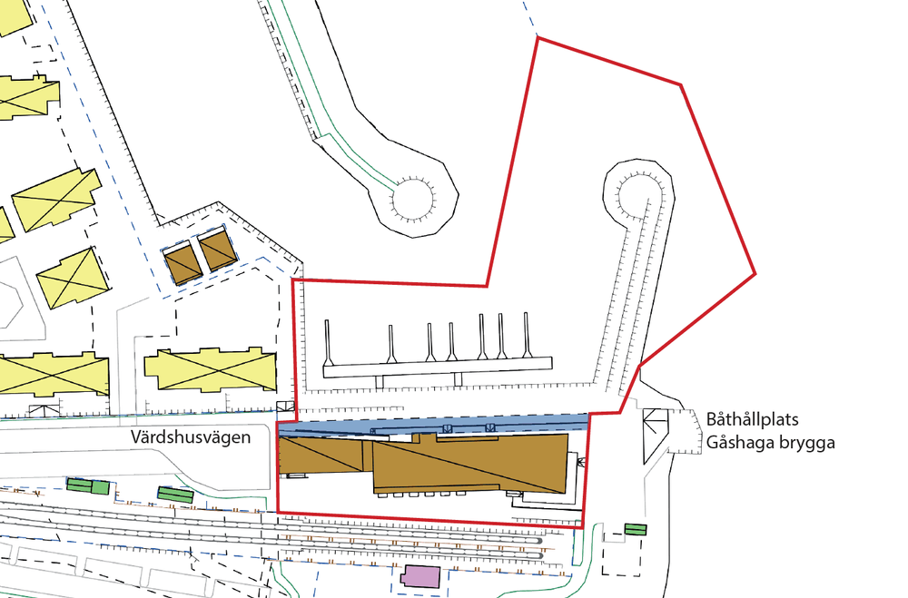 Bilden visar det servitut som ger allmänheten tillträde mellan Värdshusvägen och vattenområdet genom fastigheten Stapelbädden 9.
