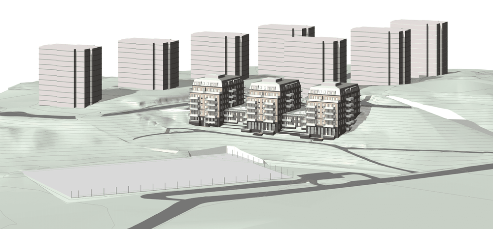 Översiktsvyer som visar planförslaget i förhållande till befintlig bebyggelse i Larsberg. Bilden visar vy från nordöst. Bild: Lindberg Stenberg Arkitekter.