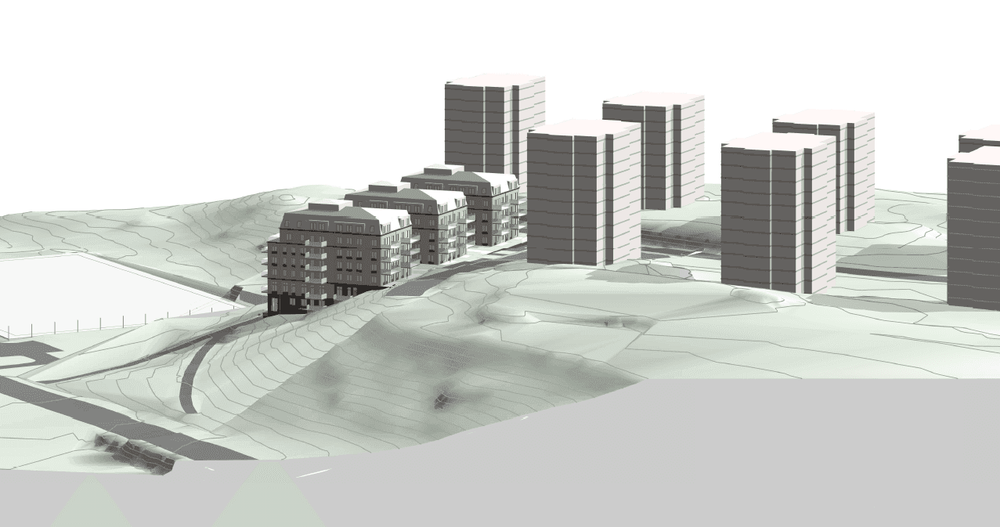 Översiktsvyer som visar planförslaget i förhållande till befintlig bebyggelse i Larsberg. Bilden visar vy från nordväst. Bild: Lindberg Stenberg Arkitekter.