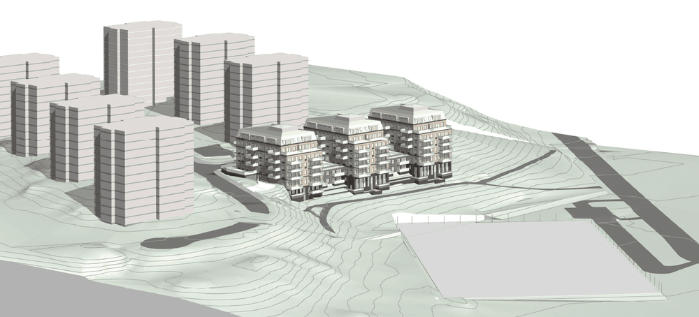 Översiktsvyer som visar planförslaget i förhållande till befintlig bebyggelse i Larsberg. Bilden visar vy från sydost. Bild: Lindberg Stenberg Arkitekter.