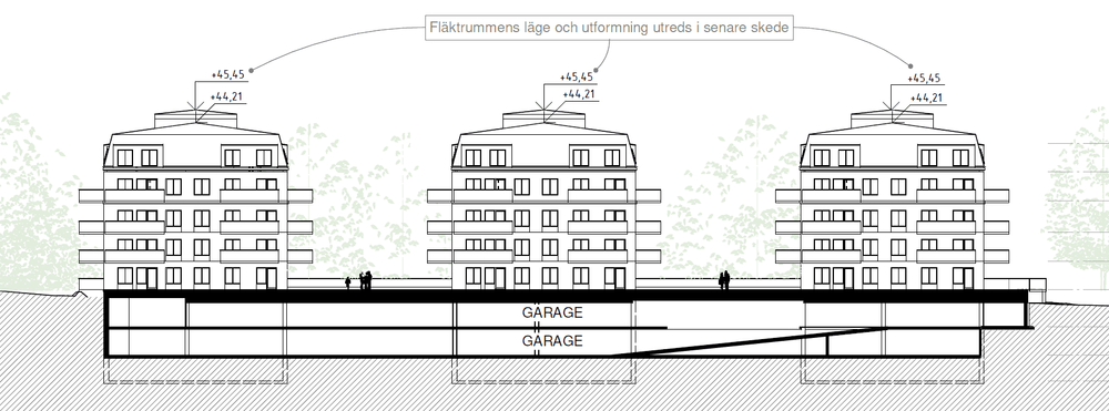 Längdsektion genom garage. Bild: Lindberg Stenberg Arkitekter.