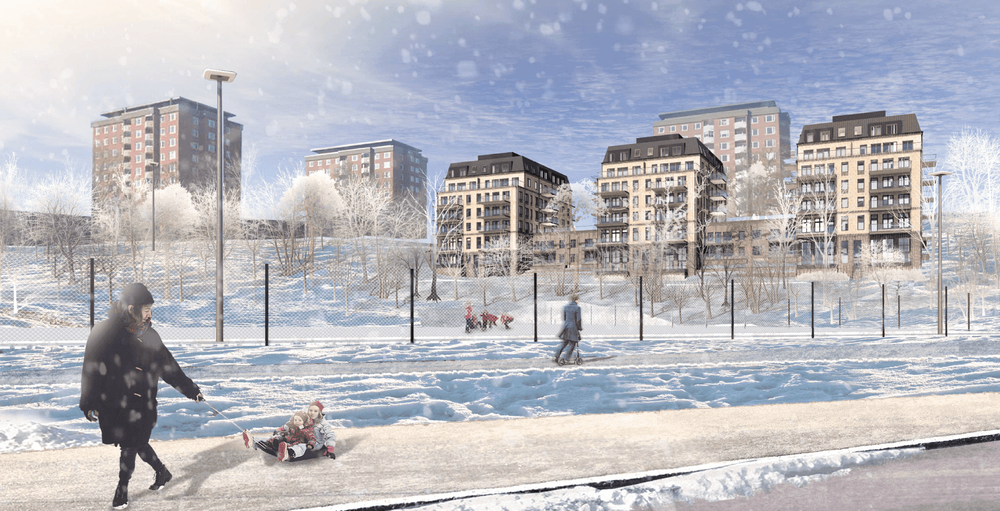 Planförslaget. Vy från Agavägen med parkeringshuset, fotbollsplan och bebyggelsen i Larsberg. Bild: Lindberg Stenberg Arkitekter.