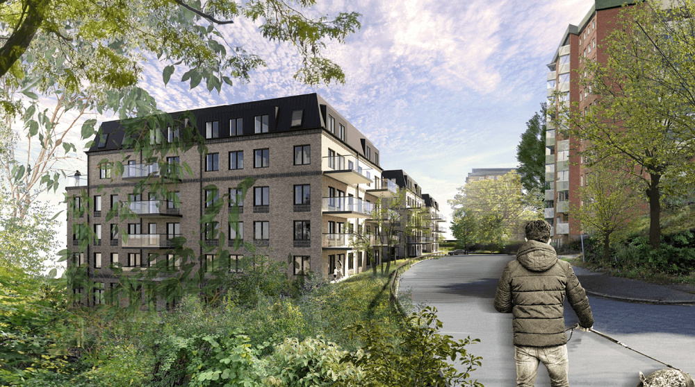 Planförslaget. Vy från vägen väster om parkeringshuset upp mot Larsbergs skola. Bild: Lindberg Stenberg Arkitekter.