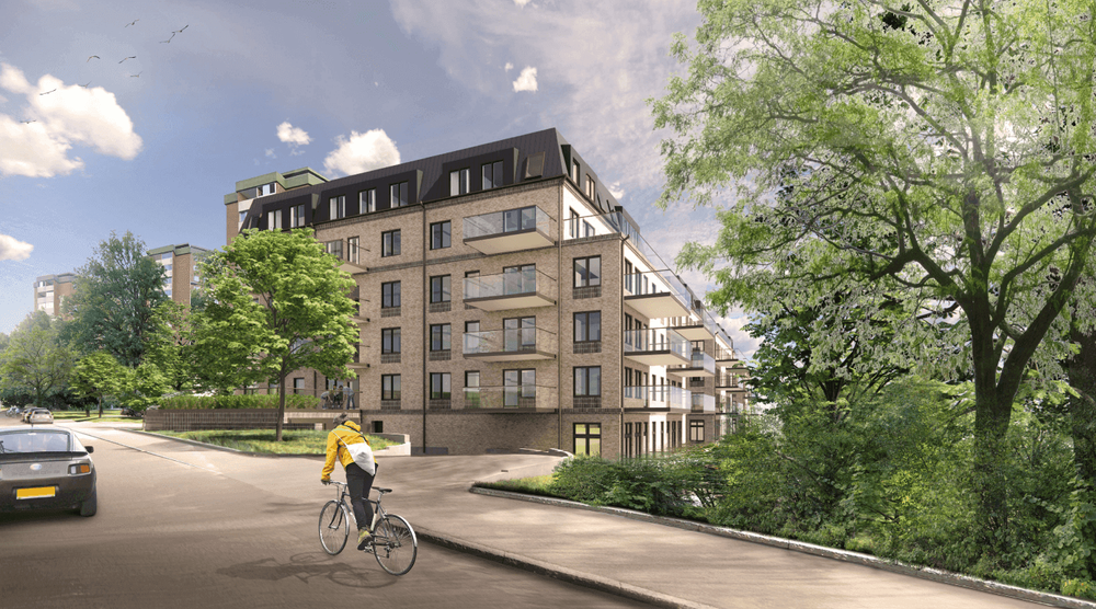 Planförslaget. Vy från Larsbergsvägen med parkeringshuset, fotbollsplan och bebyggelsen i Larsberg. Bild: Lindberg Stenberg Arkitekter.