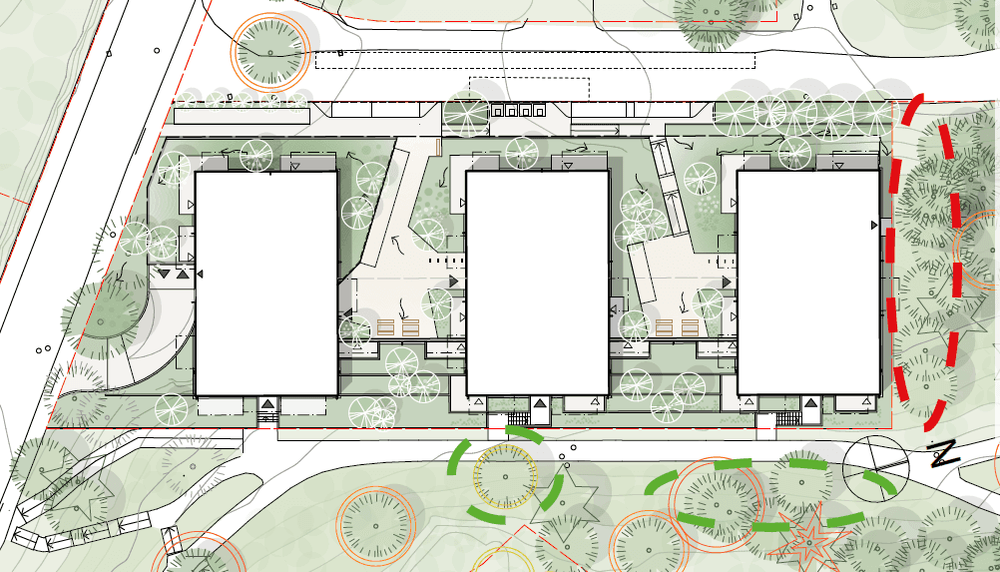 Bilden visar var träd utanför planområdet bedöms kunna påverkas av rivning och byggnation i området. Röd markering visar område där träd kommer påverkas av rivning och byggnation, här planeras en gallring genomföras innan byggnation. Grön markering visar var vissa trädkronor behöver beskäras då de i dag hänger in över fastighetsgränsen.