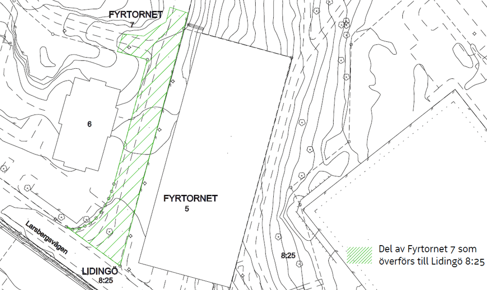 Bilden visar den del av fastigheten Fyrtornet 7 som planläggs som allmän plats och som ska överföras till Lidingö 8:25.