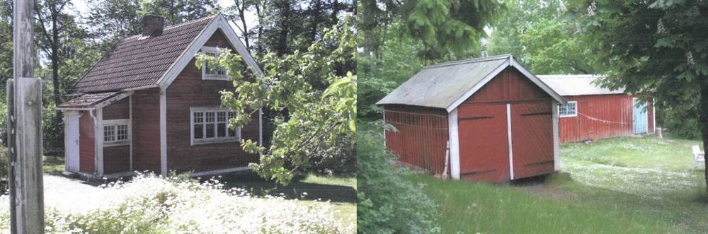Bild till vänster visar den nu rivna stugan som innehöll en liten lägenhet. Bild till höger visar en nu riven uthuslänga i bakgrunden. I förgrunden garaget från 1920-talet, som nu är tillbyggt med en uteplats och ligger på fastigheten Lidingö 10:80.