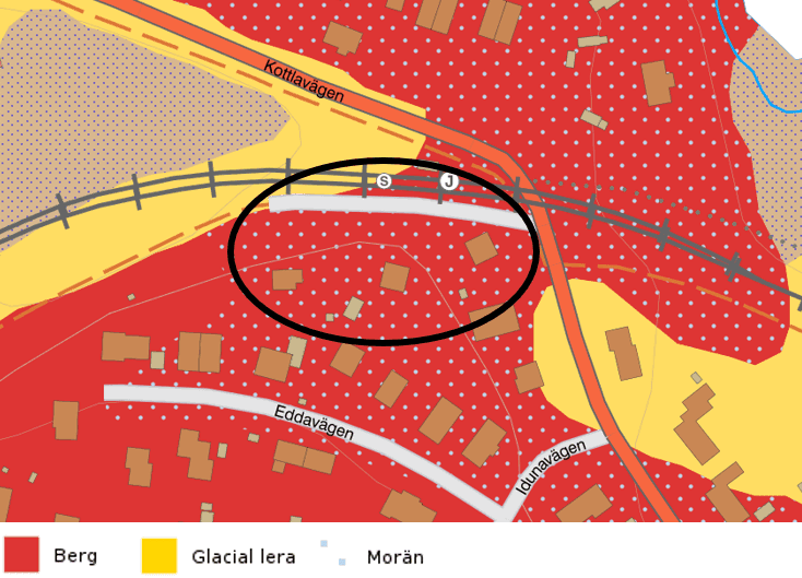 Bilden visar en jordartskarta från SGU. Planområdet markerat med svart oval.