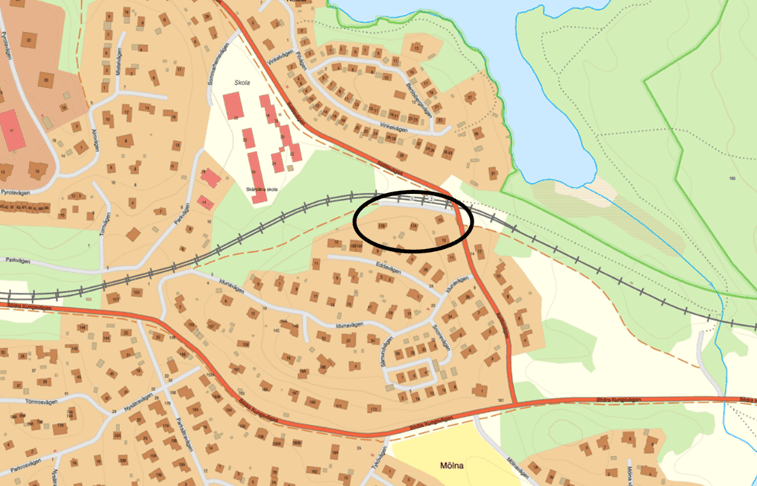 Planområdet markerad med svart oval