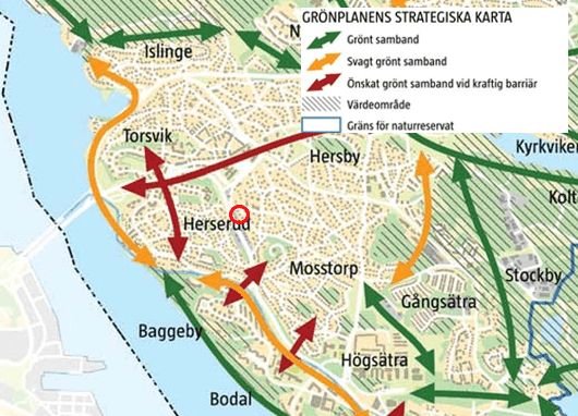 Kartan visar hur Lidingö stads grönstruktur bör utvecklas, tagen ur Lidingös grönplan. Planområdets ungefärliga läge markerat i rött.  