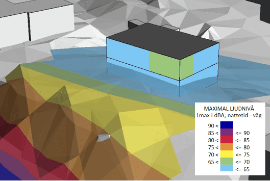 Illustrationen visar maximal ljudnivå vid fasad och uteplats. Vy från sydväst.