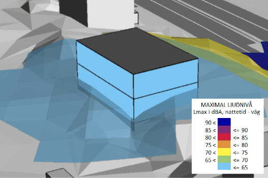 Illustrationen visar maximal ljudnivå vid fasad och uteplats. Vy från nordöst.