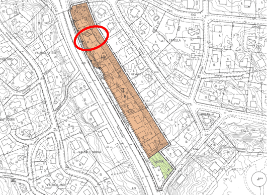 Bilden visar gällande detaljplan för Geväret 23. Fastigheten är markerad med röd oval.