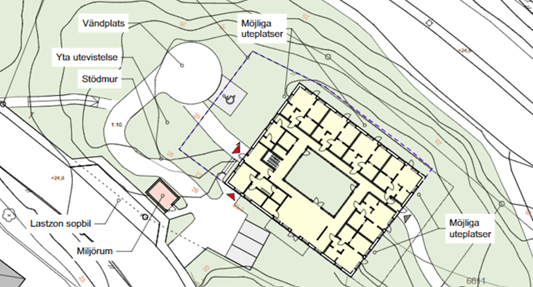 Figur 9 Situationsplan, föreslagen ny byggnad i gult.