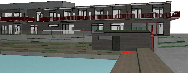 Bilden visar nytt fristående förråd norr om byggnaden. Bild: Millimeter arkitekter.