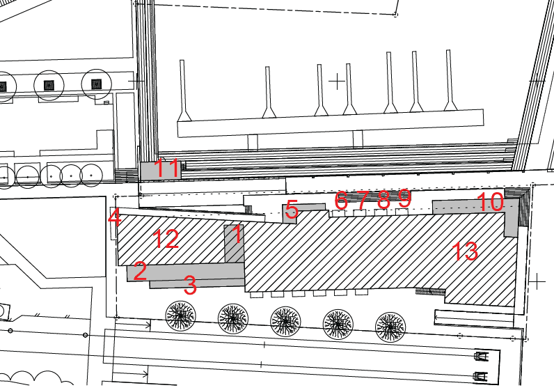 Markering med nummer två visar de planerade nya hotellrummen på byggnadens södra sida mot Lidingöbanan. Nummer tre visar balkonger.