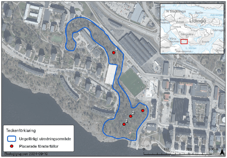 Kartan visar utredningsområdet. Fyra fönsterfällor (numrerade 1–4) placerades ut i området från 3 juni till 30 augusti. Bild: Ekologigruppen. 