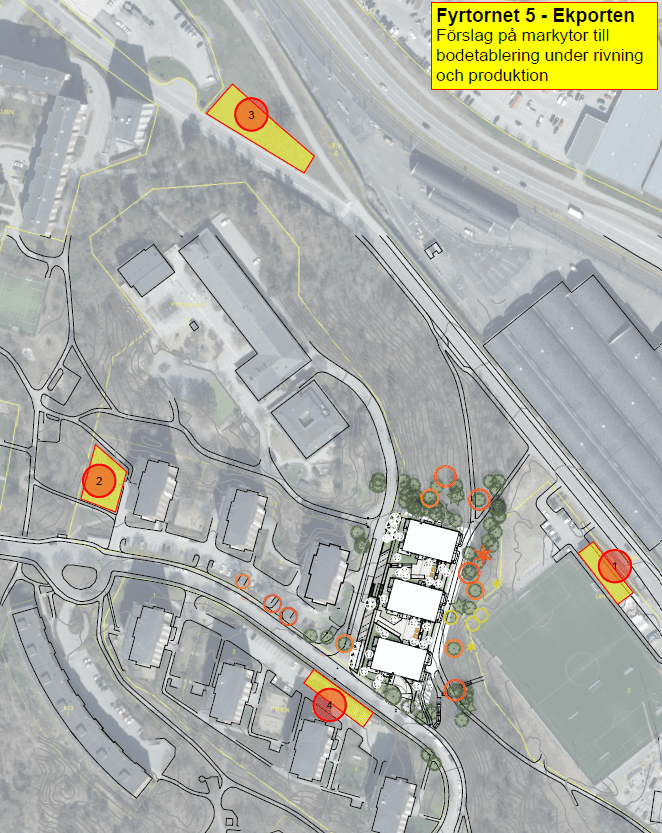 Bilden visar olika förslag på markytor för byggbodar under rivning av garaget och byggnation av de nya flerbostadshusen. Bild: SLB.