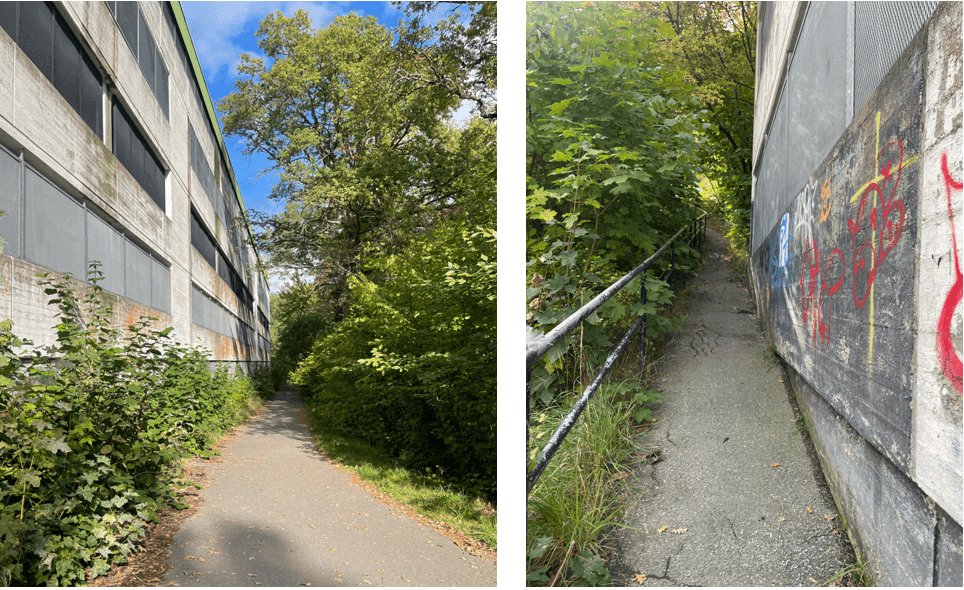Vänster bild: gång- och cykelvägen öster om parkeringshuset. Höger i bild: den smala gångvägen som leder upp till Larsbergsvägen.