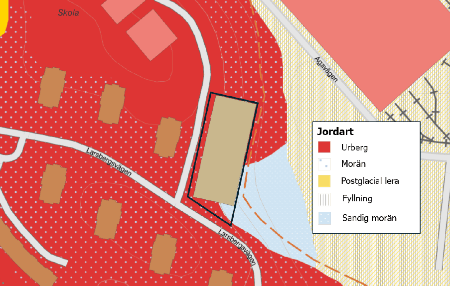 Jordartskarta. Fastigheten Fyrtornet 5 markerad med svart linje. Bild: SGU