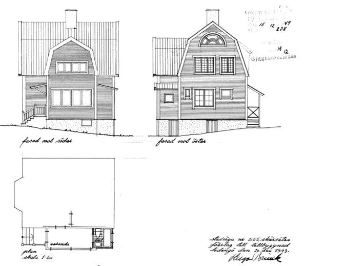 Bilden visar ritningar från 1949. Ritningarna visar en mindre tillbyggnad för badrum och toalett som förlades invid verandan.