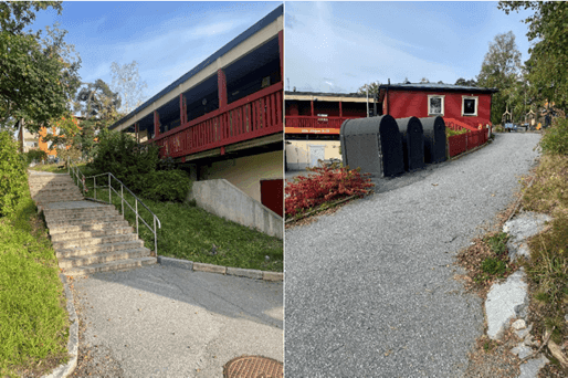 Bild till vänster: Trapp för att nå översta våningen. Bild till höger: Asfalterad ramp för att nå översta våningen på byggnaden inom fastigheten Vaktmästaren 8.